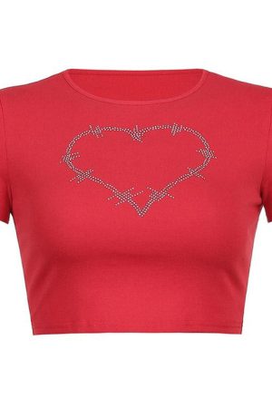 Cute Everyday Outfits, Outfit Inspo Casual Barbed Heart Rhinestone Crop Top
