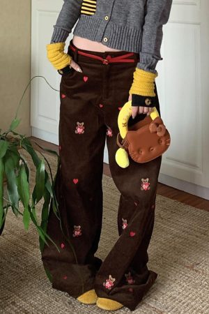 Cute Everyday Outfits, Outfit Inspo Casual Bear Embroidery Cord Pants
