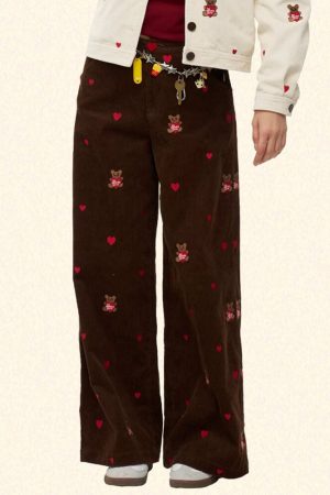 Cute Everyday Outfits, Outfit Inspo Casual Bear Embroidery Cord Pants