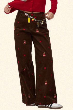 Cute Everyday Outfits, Outfit Inspo Casual Bear Embroidery Cord Pants
