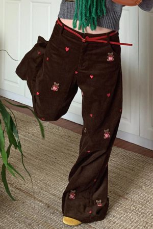Cute Everyday Outfits, Outfit Inspo Casual Bear Embroidery Cord Pants