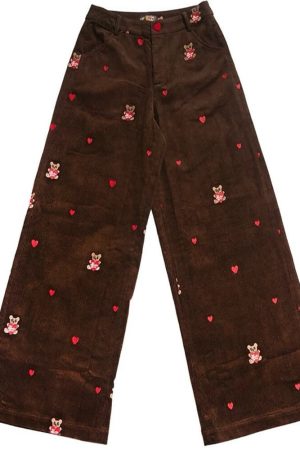 Cute Everyday Outfits, Outfit Inspo Casual Bear Embroidery Cord Pants