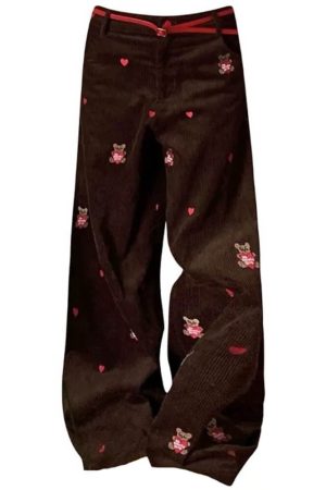 Cute Everyday Outfits, Outfit Inspo Casual Bear Embroidery Cord Pants