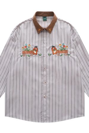 Cute Everyday Outfits, Outfit Inspo Casual Bear Embroidery Striped Shirt