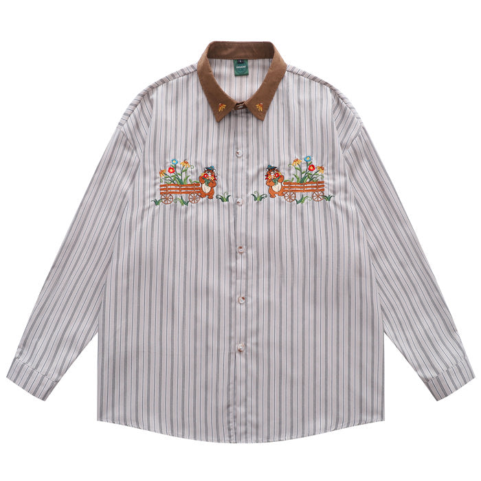 Cute Everyday Outfits, Outfit Inspo Casual Bear Embroidery Striped Shirt