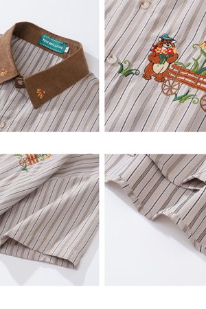 Cute Everyday Outfits, Outfit Inspo Casual Bear Embroidery Striped Shirt