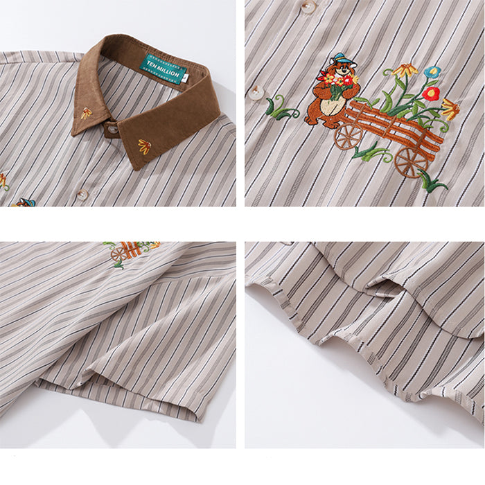 Cute Everyday Outfits, Outfit Inspo Casual Bear Embroidery Striped Shirt Cute Everyday Outfits, Outfit Inspo Casual Bear Embroidery Striped Shirt