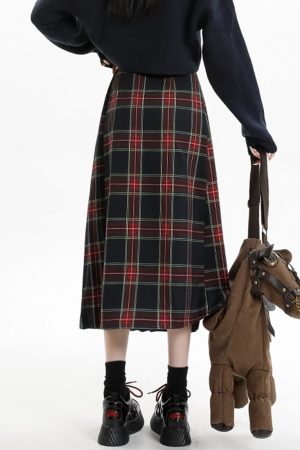 Cute Everyday Outfits, Outfit Inspo Casual Black and Red Plaid Midi Skirt