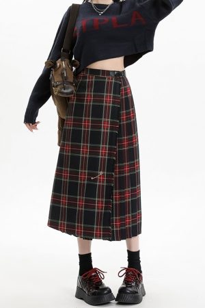 Cute Everyday Outfits, Outfit Inspo Casual Black and Red Plaid Midi Skirt