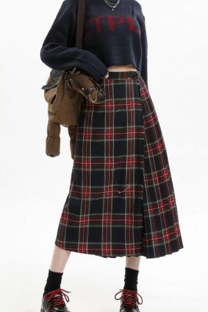 Cute Everyday Outfits, Outfit Inspo Casual Black and Red Plaid Midi Skirt