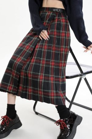 Cute Everyday Outfits, Outfit Inspo Casual Black and Red Plaid Midi Skirt