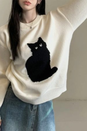 Cute Everyday Outfits, Outfit Inspo Casual Black Cat Aesthetic Sweater