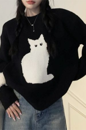 Cute Everyday Outfits, Outfit Inspo Casual Black Cat Aesthetic Sweater