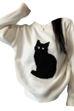 Cute Everyday Outfits, Outfit Inspo Casual Black Cat Aesthetic Sweater