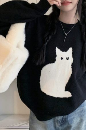 Cute Everyday Outfits, Outfit Inspo Casual Black Cat Aesthetic Sweater