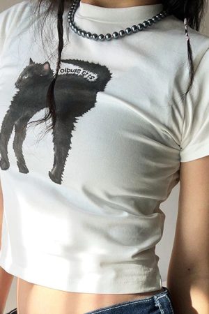 Cute Everyday Outfits, Outfit Inspo Casual Black Cat Crop Top