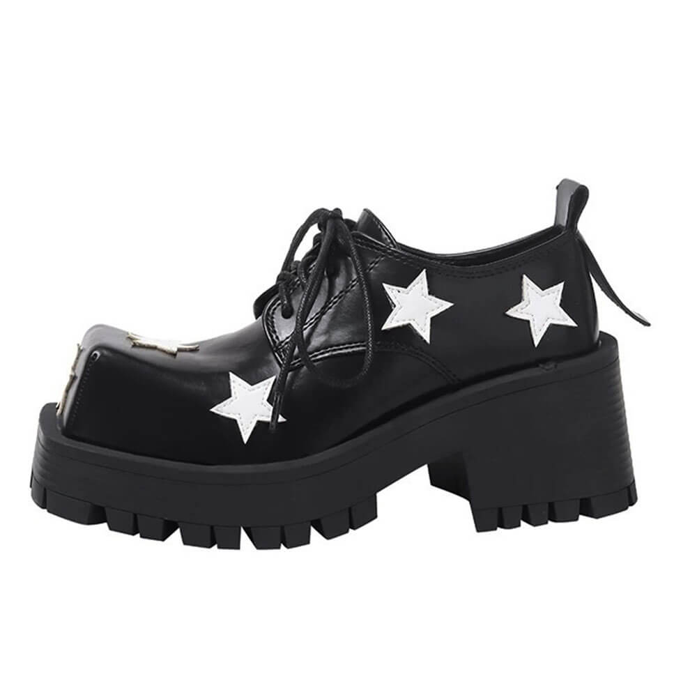 Cute Everyday Outfits, Outfit Inspo Casual Black & White Star Platform Oxfords
