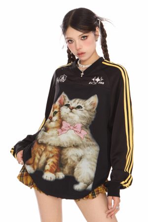 Cute Everyday Outfits, Outfit Inspo Casual Blokette Aesthetic Kitten Print Jersey