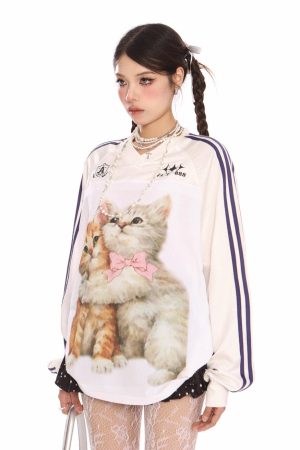 Cute Everyday Outfits, Outfit Inspo Casual Blokette Aesthetic Kitten Print Jersey