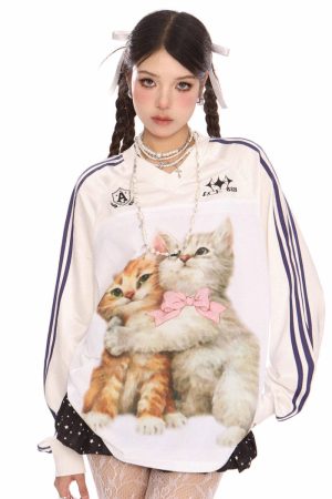 Cute Everyday Outfits, Outfit Inspo Casual Blokette Aesthetic Kitten Print Jersey