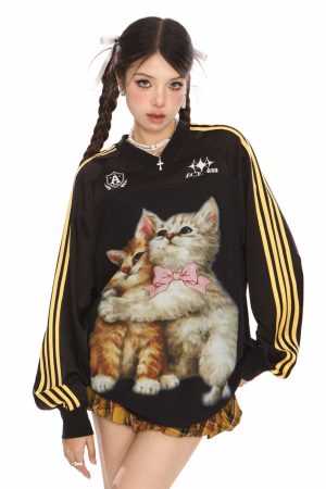 Cute Everyday Outfits, Outfit Inspo Casual Blokette Aesthetic Kitten Print Jersey