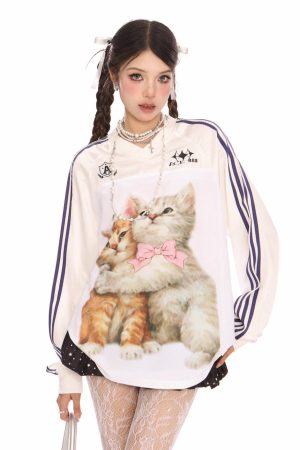 Cute Everyday Outfits, Outfit Inspo Casual Blokette Aesthetic Kitten Print Jersey