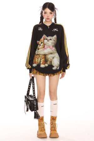 Cute Everyday Outfits, Outfit Inspo Casual Blokette Aesthetic Kitten Print Jersey