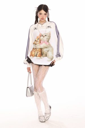 Cute Everyday Outfits, Outfit Inspo Casual Blokette Aesthetic Kitten Print Jersey