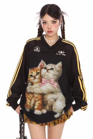 Cute Everyday Outfits, Outfit Inspo Casual Blokette Aesthetic Kitten Print Jersey