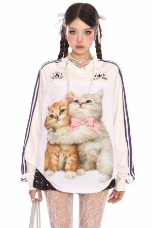 Cute Everyday Outfits, Outfit Inspo Casual Blokette Aesthetic Kitten Print Jersey