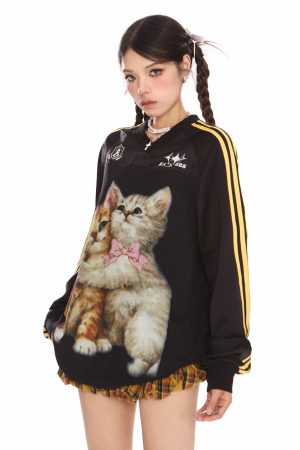Cute Everyday Outfits, Outfit Inspo Casual Blokette Aesthetic Kitten Print Jersey