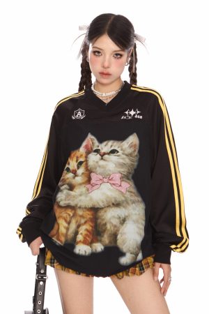 Cute Everyday Outfits, Outfit Inspo Casual Blokette Aesthetic Kitten Print Jersey