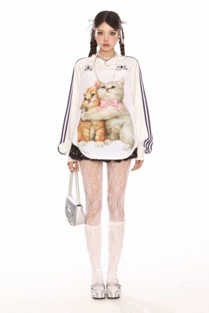 Cute Everyday Outfits, Outfit Inspo Casual Blokette Aesthetic Kitten Print Jersey