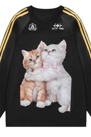 Cute Everyday Outfits, Outfit Inspo Casual Blokette Aesthetic Kitten Print Jersey