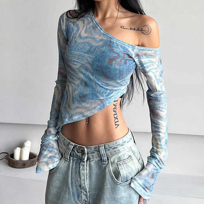 Cute Everyday Outfits, Outfit Inspo Casual Blue Marble Asymmetrical Crop Top