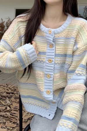 Cute Everyday Outfits, Outfit Inspo Casual Blue & Yellow Pastel Striped Cardigan