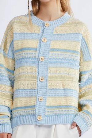 Cute Everyday Outfits, Outfit Inspo Casual Blue & Yellow Pastel Striped Cardigan