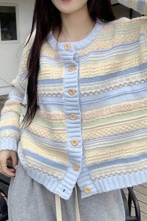 Cute Everyday Outfits, Outfit Inspo Casual Blue & Yellow Pastel Striped Cardigan