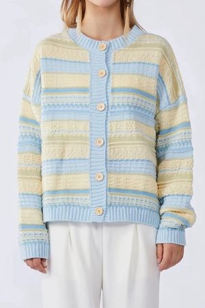 Cute Everyday Outfits, Outfit Inspo Casual Blue & Yellow Pastel Striped Cardigan