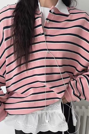 Cute Everyday Outfits, Outfit Inspo Casual Bonjour Baby Stripe Polo Sweatshirt