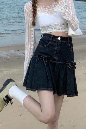 Cute Everyday Outfits, Outfit Inspo Casual Bow Denim Pleated Skirt