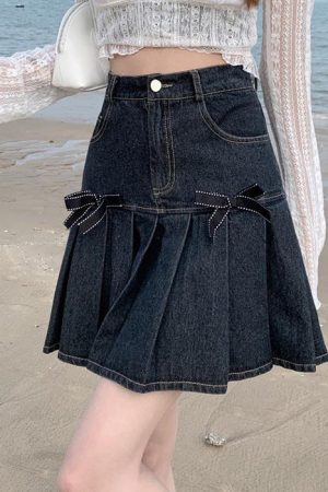Cute Everyday Outfits, Outfit Inspo Casual Bow Denim Pleated Skirt