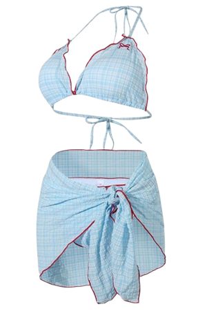 Cute Everyday Outfits, Outfit Inspo Casual Bow Embroidery Gingham Bikini Set & Beach Skirt