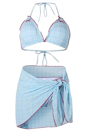 Cute Everyday Outfits, Outfit Inspo Casual Bow Embroidery Gingham Bikini Set & Beach Skirt