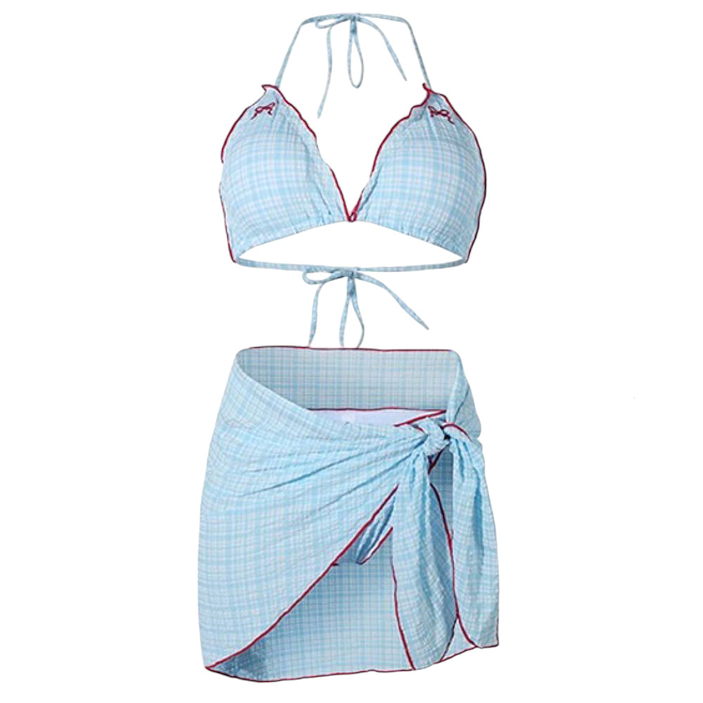 Cute Everyday Outfits, Outfit Inspo Casual Bow Embroidery Gingham Bikini Set & Beach Skirt