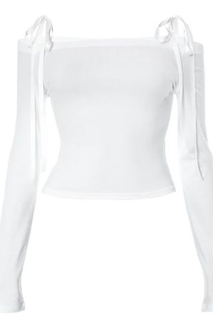 Cute Everyday Outfits, Outfit Inspo Casual Bow Off-Shoulder Long Sleeve Top