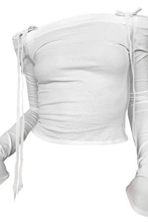 Cute Everyday Outfits, Outfit Inspo Casual Bow Off-Shoulder Long Sleeve Top