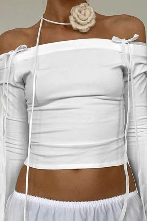 Cute Everyday Outfits, Outfit Inspo Casual Bow Off-Shoulder Long Sleeve Top