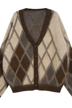 Cute Everyday Outfits, Outfit Inspo Casual Brown Argyle Fuzzy Cardigan