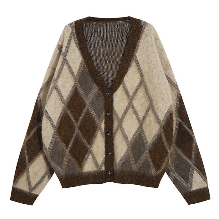 Cute Everyday Outfits, Outfit Inspo Casual Brown Argyle Fuzzy Cardigan
